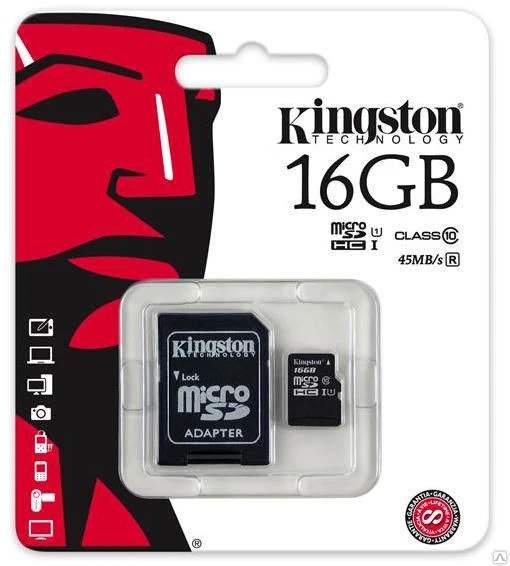 Фото Карта памяти Kingston MicroSDHC Class 10 UHS-I 45MB/s 16GB (SDC10G2/16GB)