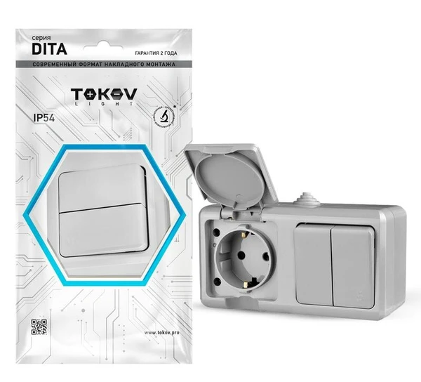 Фото Блок ОП Dita (розетка 16А 250В с заземл. 2-кл. выкл. 10А) IP54 сер. TOKOV LIGHT TKL-DT-V2RZ-C06-IP54