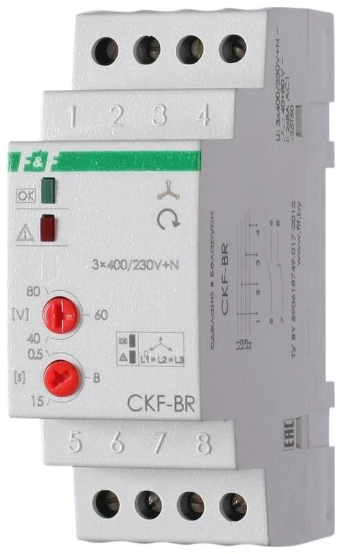 Фото Реле контроля наличия и чередования фаз CKF-BR (монтаж на DIN-рейке 35мм; регулировка порога отключения; регулировка времени отключения; 3х400/230+N 2х8А 1Z 1R IP20) F&F EA04.002.003