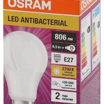 Фото №3 Лампа светодиодная LED Antibacterial A 8.5Вт (замена 75Вт) матовая 2700К тепл. бел. E27 806лм угол пучка 200град. 220-240В бактерицид. покр. OSRAM 4058075560994