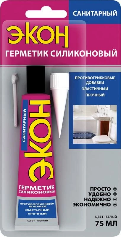 Фото Герметик "ЭКОН" силиконовый санитарный 75мл на БК бел. Момент Б0043118