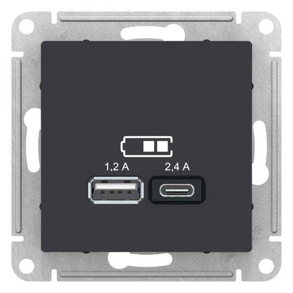 Фото Механизм розетки USB AtlasDesign A+С 5В/2.4А 2х5В/1.2А карбон SchE ATN001039