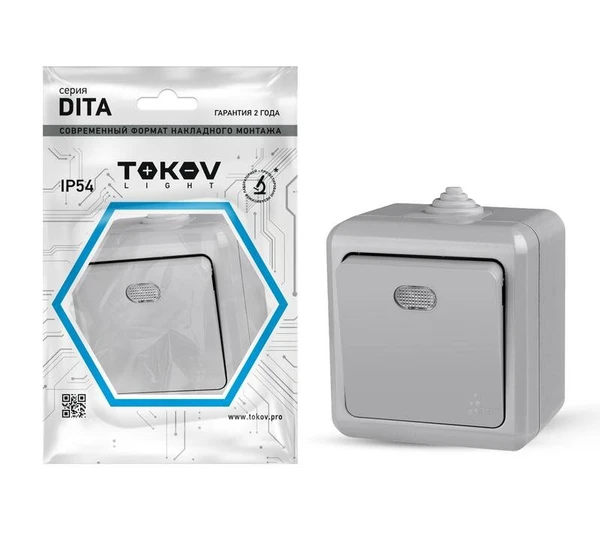 Фото Выключатель 1-кл. ОП Dita IP54 10А 250В с индикацией сер. TOKOV ELECTRIC TKL-DT-V1I-C06-IP54