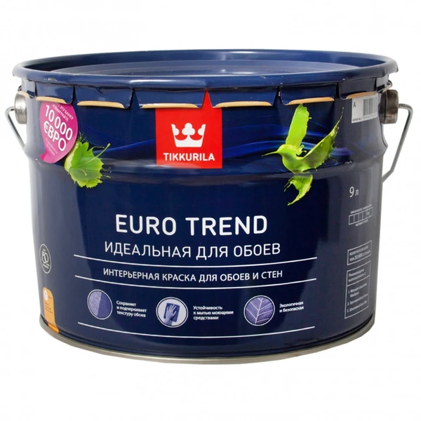 Фото Интерьерная краска для обоев и стен Euro Trend матовая, база А Tikkurila, 9,0 л