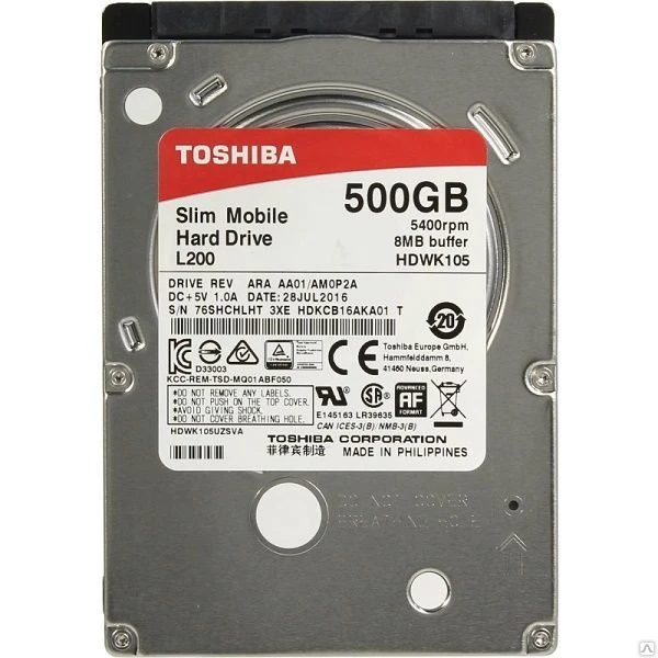 Фото Жесткий диск 2.5" 500Gb Toshiba L200 Slim HDWK105UZSVA, 5400rpm, 
8Mb