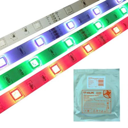 Фото Светодиодная лента ULS-Q214 5050-30LED/m-10mm-IP65-DC12V-7,2W/m-5M-RGB Гибкая светодиодная герметичная лента на самоклеящейся основе. Катушка 5 м. в герметичной упаковке. Мультиколор. ТМ Volpe