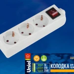 фото Колодка для удлинителя K-GCP3-10B WHITE Колодка для удлинителя Uniel, с выключателем. 3 гнезда, с/з, 10A, 2200Вт. Белый. ТМ Uniel