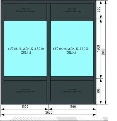 Фото Перегородка EIW45 из КПТ 78EI с СПД 44 (2600 х 2800) с глухим заполнением