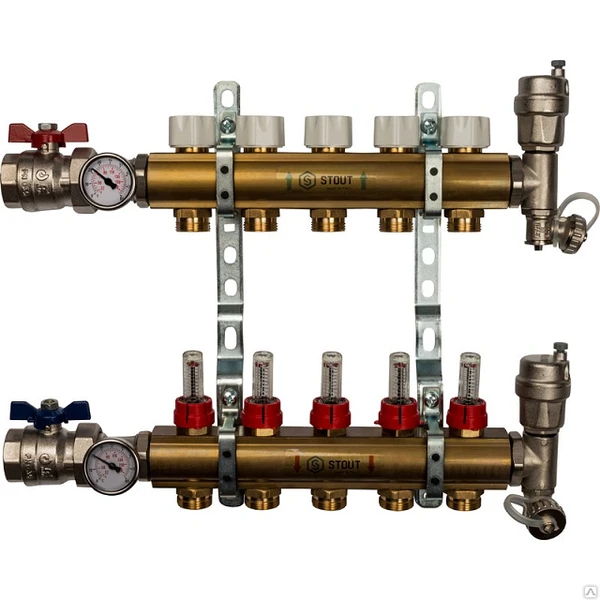 Фото Распределительный коллектор с расходомерами STOUT 5 вых. латунь SMB 0473 00
в