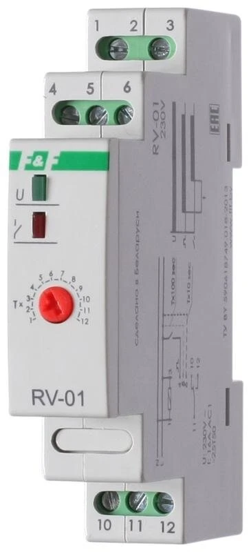 Фото Реле времени RV-01 (задержка вкл. (1..120сек) 230В 16А 1перекл. IP20 монтаж на DIN-рейке) F&F EA02.001.007