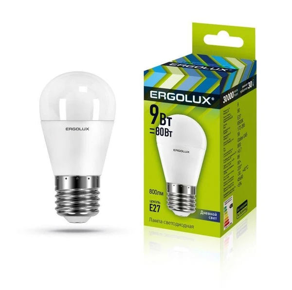 Фото Лампа светодиодная LED-G45-9W-E27-6К Шар 9Вт E27 6500К 172-265В Ergolux 13178