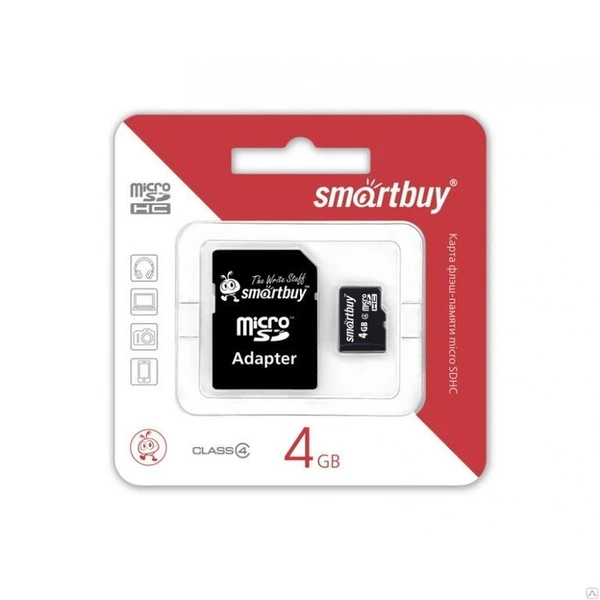 Фото Карта памяти microSDHC 4Gb Smart Buy class 4 (с адаптером)