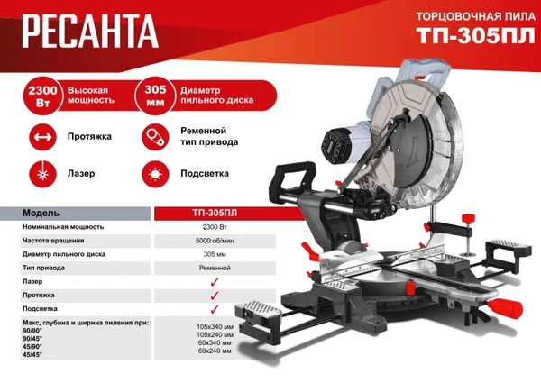 Фото Пила торцовочная 75/18/6 Ресанта ТП-305ПЛ, протяжка, ременной привод, диск 305 мм, пропил 105х340 мм