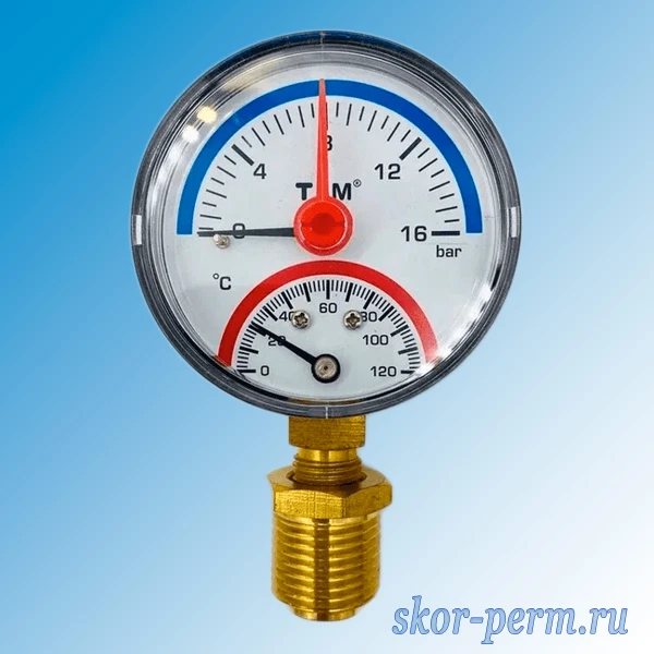 Фото Термоманометр 63 мм, 120°C, 1,6 МПа, G1/2&quot;, радиальный, TIM