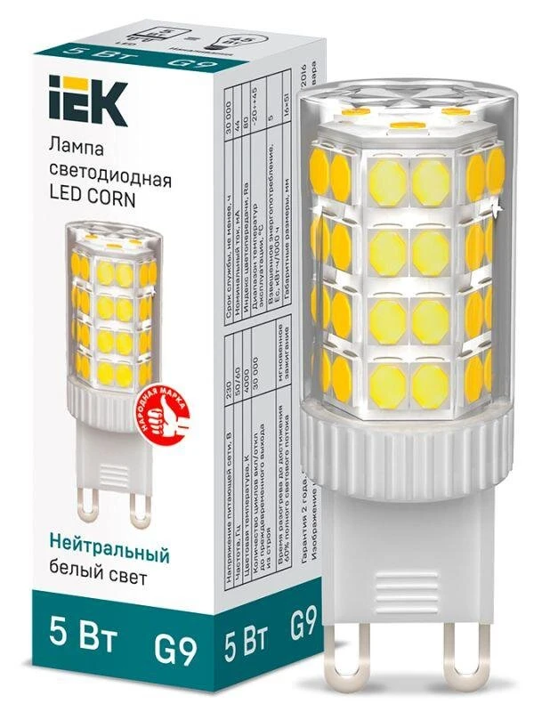 Фото Лампа светодиодная CORN 5Вт капсула 4000К G9 230В керамика IEK LLE-CORN-5-230-40-G9