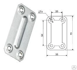 Фото Пластина металлическая 35х70х0,8мм  с 4-мя отверстиями, цинк