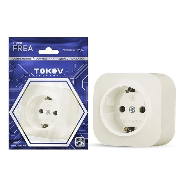 Фото Розетка 1-м ОП Frea 16А IP20 250В с заземл. АБС-пластик беж. TOKOV ELECTRIC TKE-FR-R1Z-C02