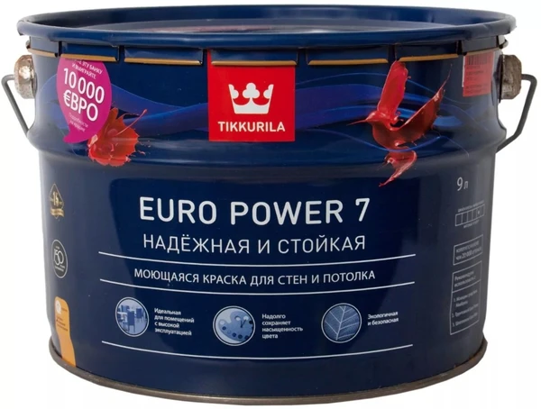 Фото Краска моющаяся матовая EURO POWER 7 База С TIKKURILA 9 л