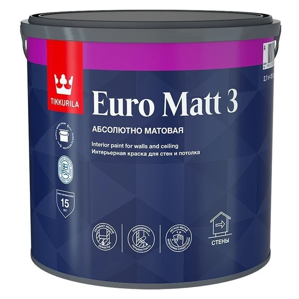 Фото Краска моющаяся матовая EURO MATT 3 глубокоматовая База А TIKKURILA 2,7 л