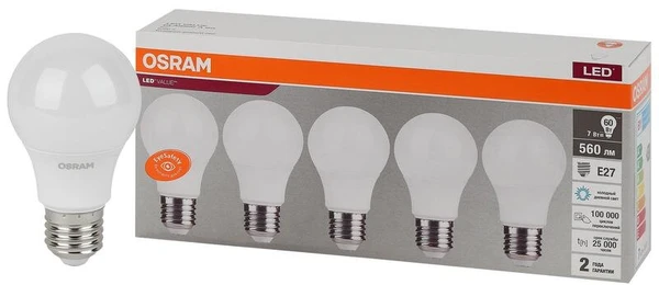 Фото Лампа светодиодная LED Value LVCLA60 7SW/865 230В E27 2х5 RU (уп.5шт) OSRAM 4058075577688