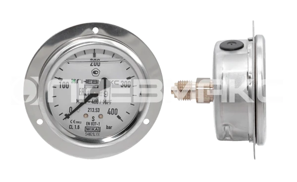Фото M63-400/10PF - Манометр вибростойкий, 0-400 бар, фланец, присоединение осевое сзади, наруж. резьба G1/4"