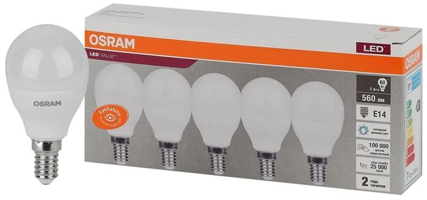 Фото Лампа светодиодная LED Value LVCLP60 7SW/865 230В E14 2х5 RU (уп.5шт) OSRAM 4058075578166