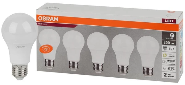 Фото Лампа светодиодная LED Value LVCLA75 10SW/830 230В E27 2х5 RU (уп.5шт) OSRAM 4058075577718