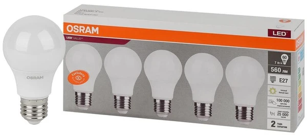 Фото Лампа светодиодная LED Value LVCLA60 7SW/830 230В E27 2х5 RU (уп.5шт) OSRAM 4058075577626