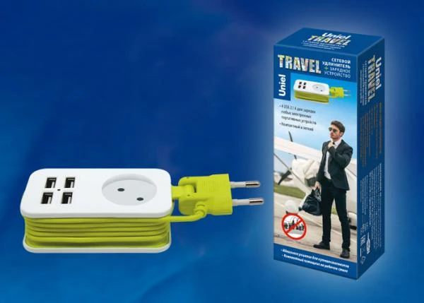 Фото Удлинитель S-CT1-1,5U WHITE/GREEN Удлинитель серии Travel, шнур 1,5м., 1 гнездо, б/з, 4USB(2,1A). Белый с салатовым. ТМ Uniel