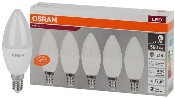 Фото Лампа светодиодная LED Value LVCLB60 7SW/840 230В E14 2х5 RU (уп.5шт) OSRAM 4058075577954