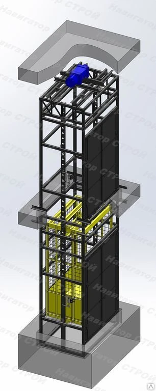 Фото Грузовой подъёмник шахтного типа в металлокаркасной шахте