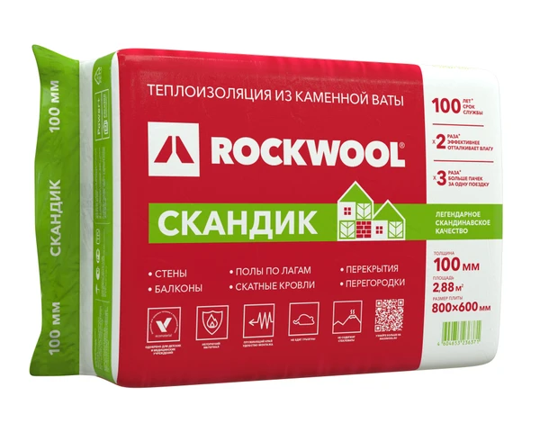 Фото Утеплитель RockWool Лайт Баттс Скандик 800х600х100 (0,288м3/2,88м2)