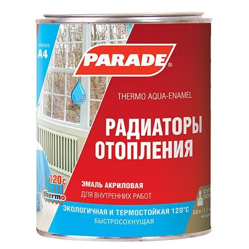 Фото Эмаль акриловая для радиаторов Parade А4 полуматовая белая 0,9л.