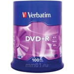 фото Диск Verbatim  DVD+R 4.7 Gb 16х (уп.100 шт. в пл. кор.) /400/