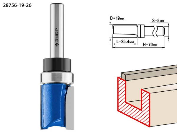 Фото Пазовая прямая фреза с верхним подшипником Зубр 28756-19-26, 19x26 мм, 8 мм хвостовик