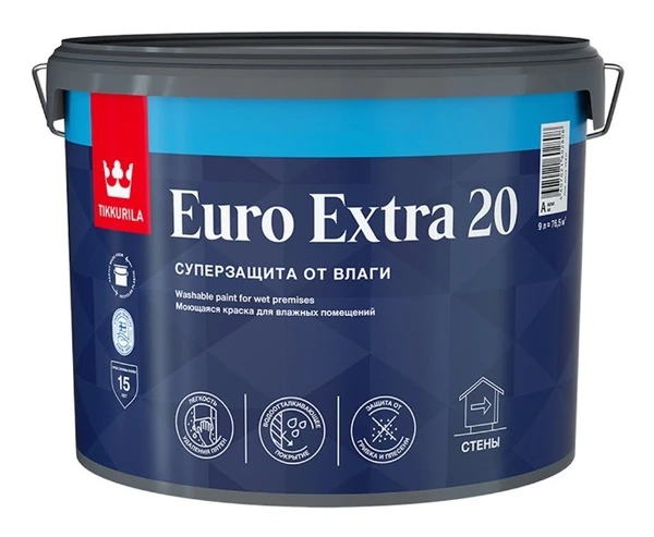 Фото Краска акриловая Tikkurila Euro Extra 20 влагостойкая моющаяся полуматовая белый 9 л