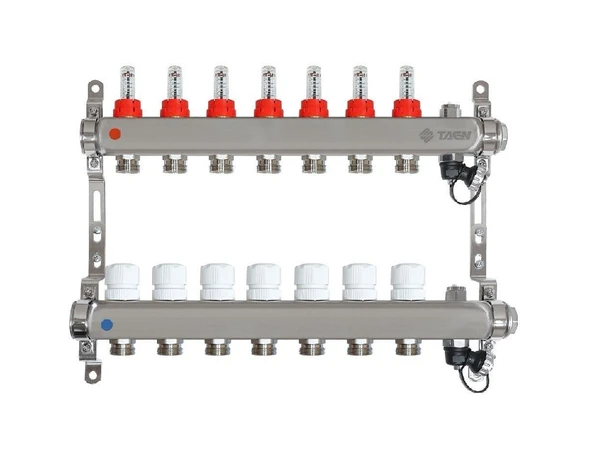 Фото Коллектор для теплого пола на 7 контуров Taen с расходомерами (из нержавеющей стали, гребенка)