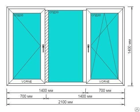 Фото Окно ПВХ 2100*1400мм, Goodwin 3-камерный профиль,крайние створки поворотные