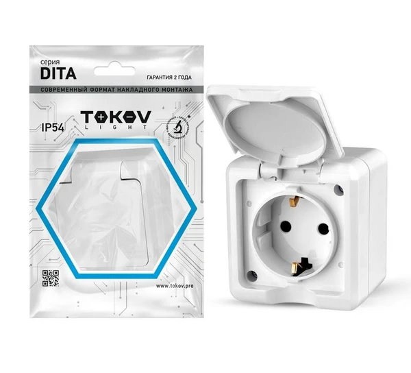 Фото Розетка 1-м ОП Dita 16А IP54 250В с заземл. с крышкой бел. TOKOV LIGHT TKL-DT-R1Z-C01-IP54