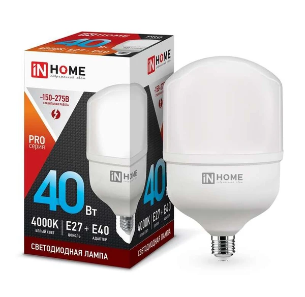 Фото Лампа светодиодная LED-HP-PRO 40Вт 230В 4000К E27 3600лм с адаптером IN HOME 4690612031095