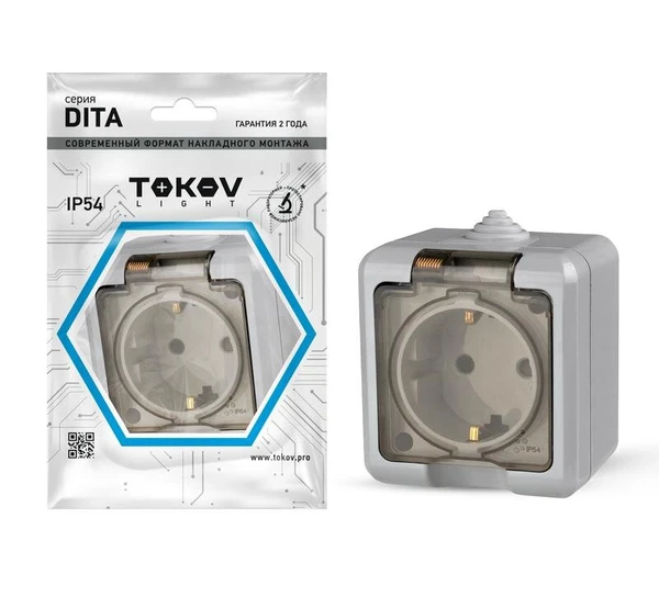 Фото Розетка 1-м ОП Dita 16А IP54 250В с заземл. с прозрачн. крышкой сер. TOKOV LIGHT TKL-DT-R1Z-C06T-IP54