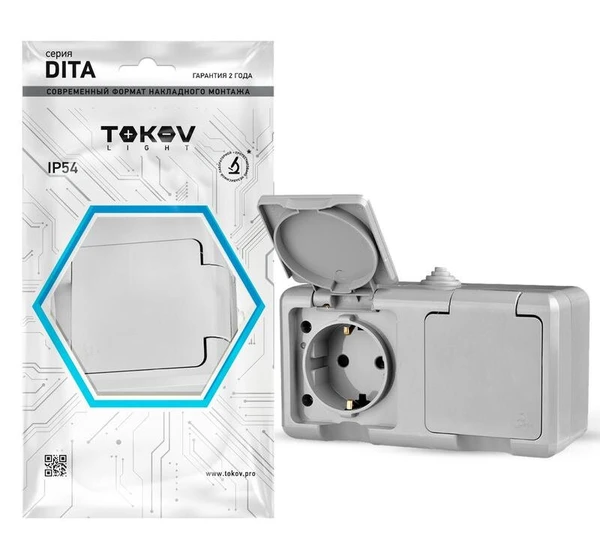 Фото Розетка 2-м ОП Dita 16А IP54 250В с заземл. с крышкой сер. TOKOV LIGHT TKL-DT-R2Z-C06-IP54