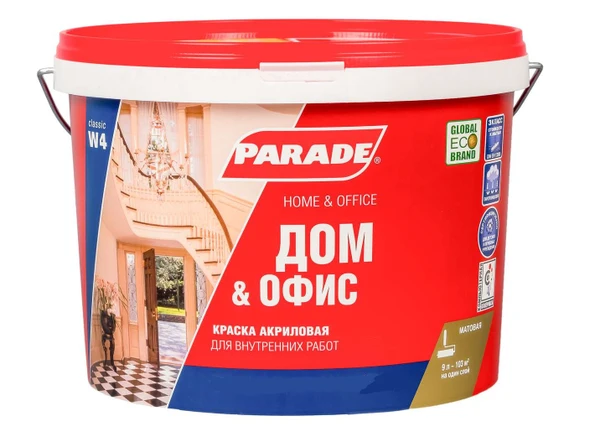 Фото Краска акриловая PARADE W4 Дом&Офис, белая матовая 9 л База А