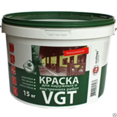 Фото Краска ВД-АК-1180 для нар/внутр. работ белоснежная VGT (1,5 кг - 45 кг)