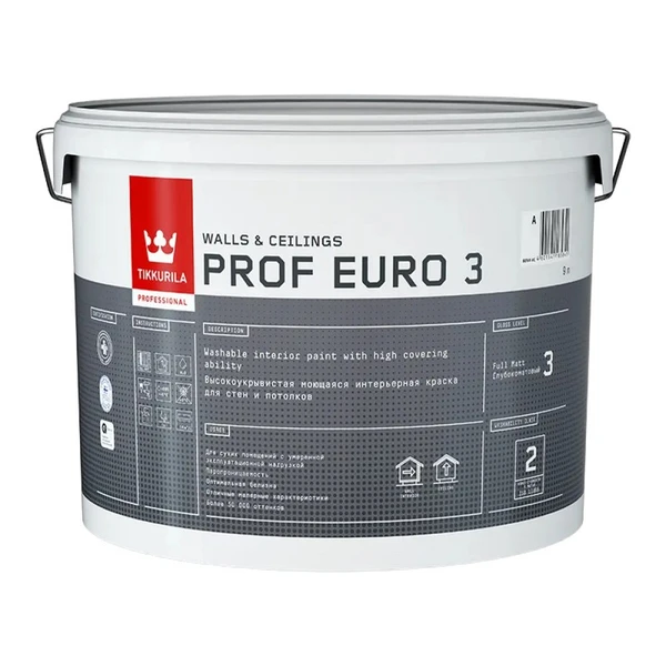 Фото Краска Tikkurila Prof Euro 3 (База С) интерьерная моющаяся глубокоматовая бесцветный 9 л