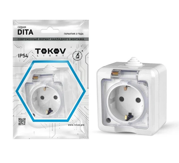 Фото Розетка 1-м ОП Dita 16А IP54 250В с заземл. с прозрачн. крышкой бел. TOKOV LIGHT TKL-DT-R1Z-C01T-IP54