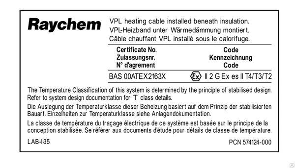 Фото Табличка стабилизированного расчета (VPL) Raychem LAB-I-35
в