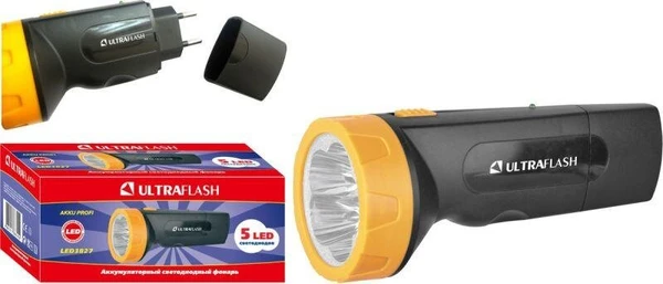 Фото Фонарь LED 3827 (аккум. 220В черн./желт. 5 LED SLA пласт. коробка) Ultraflash 11241