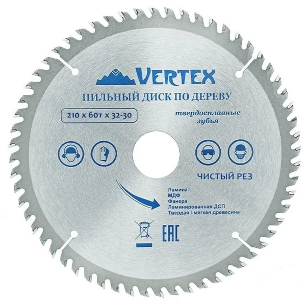 Фото Диск пильный по дереву и дсп 210*32(30)мм, 60 зубов, Vertextools 210-60-32