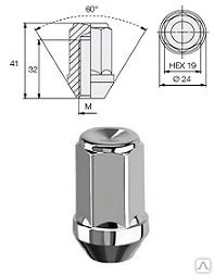 Фото Гайка колёсная М 12х1,5х41 S=19 конус, закрытая Ellis